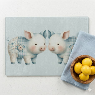 Planche À Découper Illustration Cottagecore de Cochon en Patchwork Bl