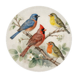 Planche À Découper Illustration de branche fleurie avec oiseaux chant