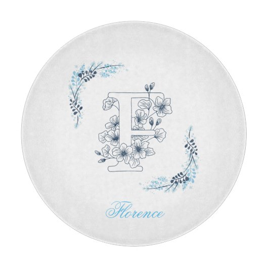 Planche À Découper Initiale "F" Monogramme bleu Calme Floral (Devant)
