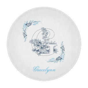 Planche À Découper Initiale "G" Monogramme bleu Calme Floral