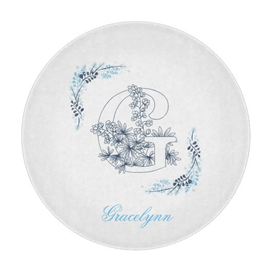 Planche À Découper Initiale "G" Monogramme bleu Calme Floral (Devant)