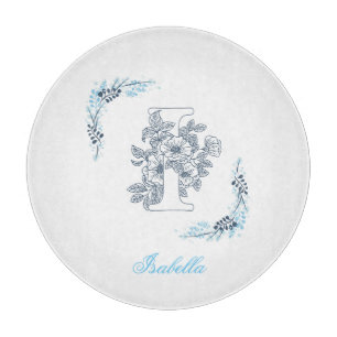 Planche À Découper Initiale "I" Monogramme Bleu Calme Floral