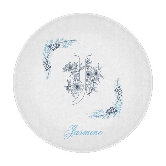 Planche À Découper Initiale "J" Monogramme bleu Calme Floral (Devant)