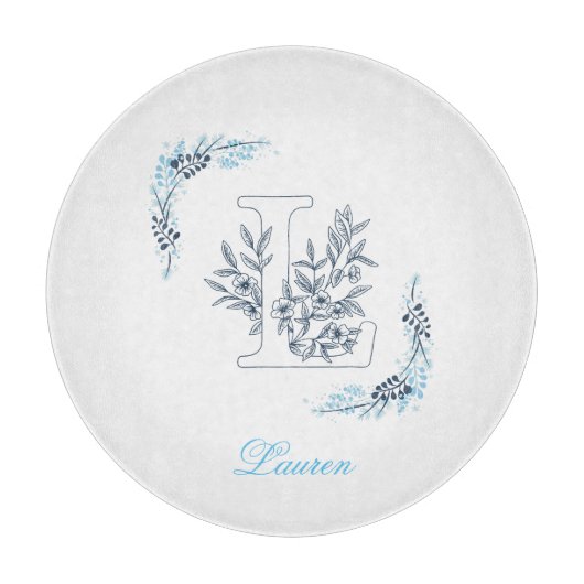 Planche À Découper Initiale "L" Monogramme bleu Calme Floral (Devant)