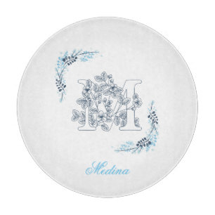 Planche À Découper Initiale "M" Monogramme Bleu Calme Floral