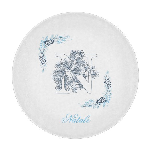 Planche À Découper Initiale "N" Monogramme bleu Calme Floral (Devant)