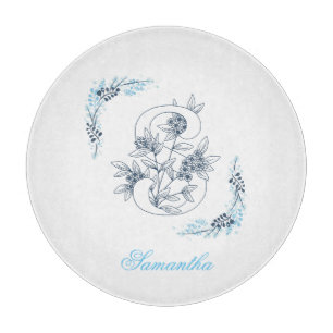 Planche À Découper Initiale "S" Monogramme bleu Calme Floral