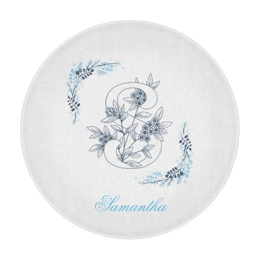 Planche À Découper Initiale "S" Monogramme bleu Calme Floral (Devant)