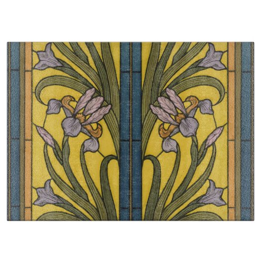 Planche À Découper Iris Fleur Art Nouveau Vitrail Bleu Or (Devant)