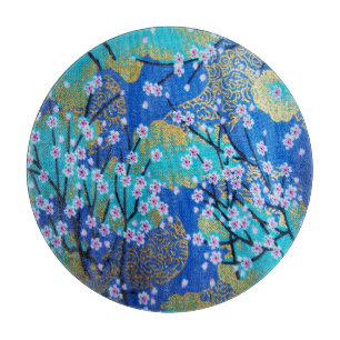 Planche À Découper Japonais Floral Cerisier Fleur Or Bleu Verre
