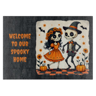 Planche À Découper Joli couple de squelettes d'Halloween en orange