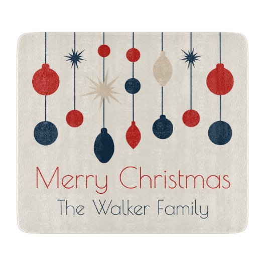 Planche À Découper Joli Retro Joyeux Noël Rouge Bleu Ornements (Devant)