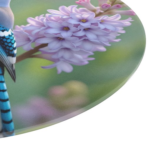 Planche À Découper Jolie Jay Bleue debout sur les Branches Lilac (Coin)