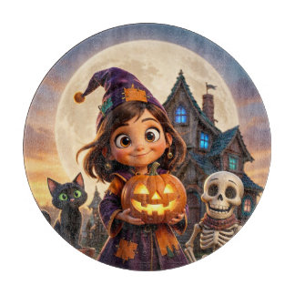Planche À Découper Jolie petite fille avec un chat noir Joyeux Hallow