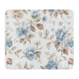 Planche À Découper Jolies Fleurs Bleues Crème Beige Marron