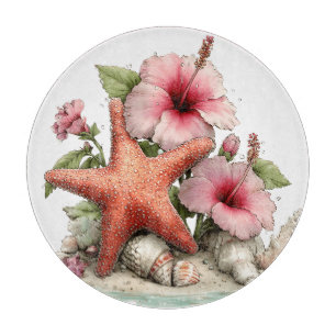 PLANCHE À DÉCOUPER JOLIES FLEURS DE HIBISCUS ROSE ÉTOILES DE MER & CO