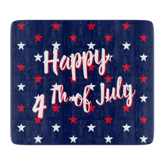 Planche À Découper Joyeux 4 juillet, rouge blanc bleu étoiles verre (Devant)
