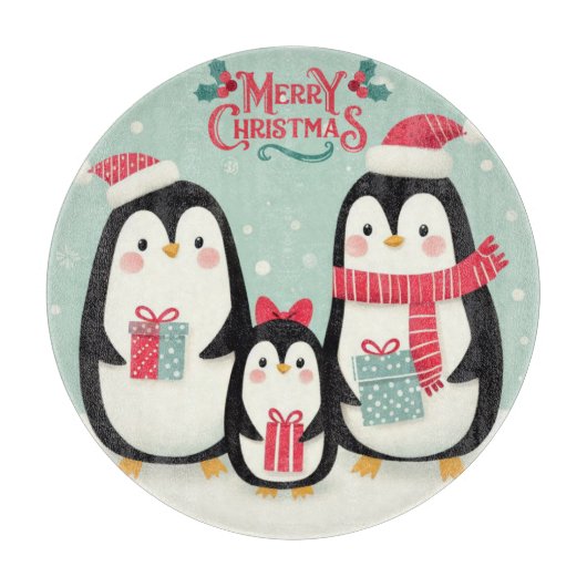 Planche À Découper Joyeux manchots enneigés de Noël (Devant)