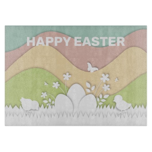 Planche À Découper Joyeux poussins de pâques et couleurs pastel d'oeu (Devant)