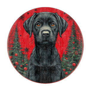 Planche À Découper Labrador noir de Noël avec des arbres de fête