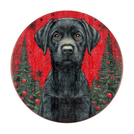 Planche À Découper Labrador noir de Noël avec des arbres de fête (Devant)