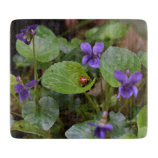 Planche À Découper Ladybug sur les fleurs de violet doux (Devant)