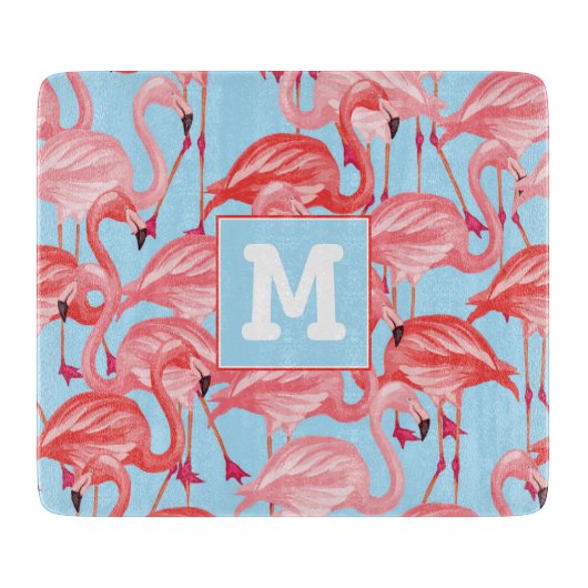 Planche À Découper Les Flamants roses roses lumineux sur le bleu | (Devant)