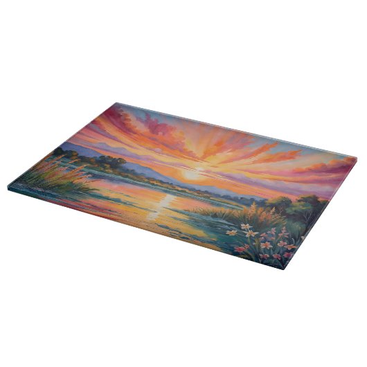 Planche À Découper Lever de soleil à l'aquarelle de l'étang (Coin)