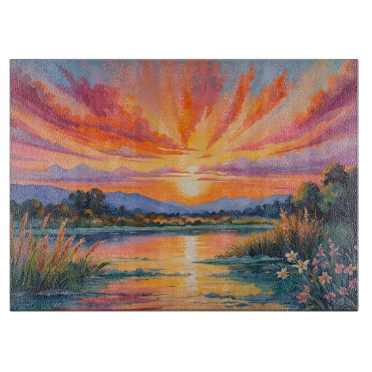 Planche À Découper Lever de soleil à l'aquarelle de l'étang (Devant)