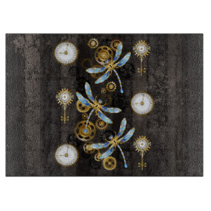 Planche À Découper Libellules Steampunk sur fond rayé marron