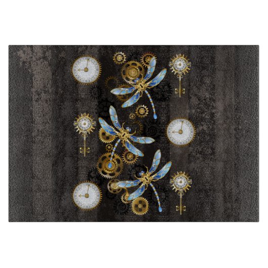 Planche À Découper Libellules Steampunk sur fond rayé marron (Devant)