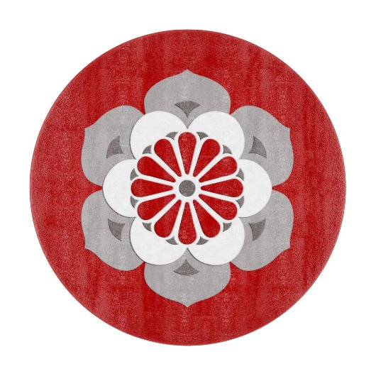 Planche À Découper Lotus Flower Mandala, rouge foncé, gris et blanc (Devant)