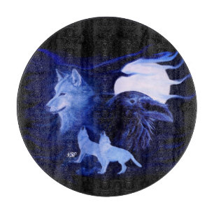Planche À Découper Loup et corbeau avec pleine lune