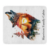 Planche À Découper Loup hurlant double exposition coucher de soleil p (Devant)