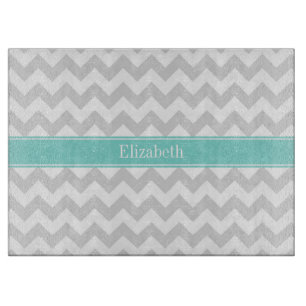 Planche À Découper Lt Gray Wht Chevron ZigZag Aqua Nom Monogram
