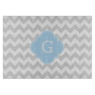 Planche À Découper Lt Gris Blanc Chevron Lt Blue Quatrefoil Monogramm