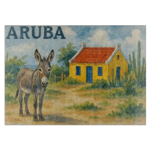 Planche À Découper Maison cunucu jaune d'Aruba avec âne aquarelle