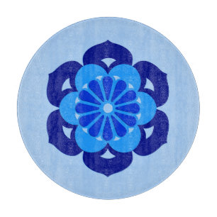 Planche À Découper Mandala de la fleur de lotus, indigo et bleu clair