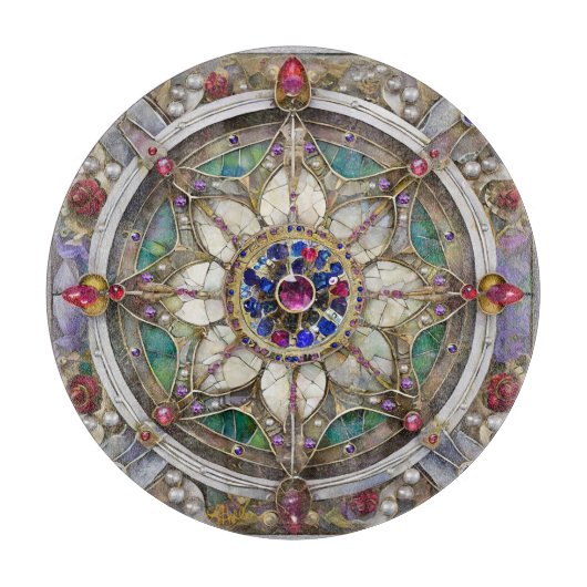 Planche À Découper Mandala de rubis, d'améthyste, de saphir et de per (Devant)