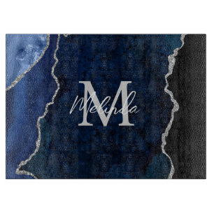 Planche À Découper Marbre Agate Bleu Nuit et Argent
