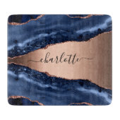 Planche À Découper Marbre agate bleue rose or nom script (Devant)