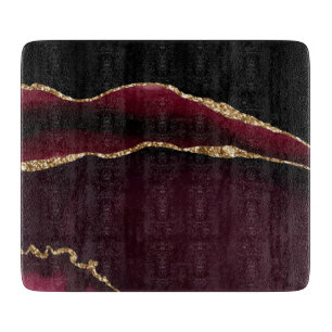 Planche À Découper Marbre Agate Chic Noir Violet Paillettes Dorées