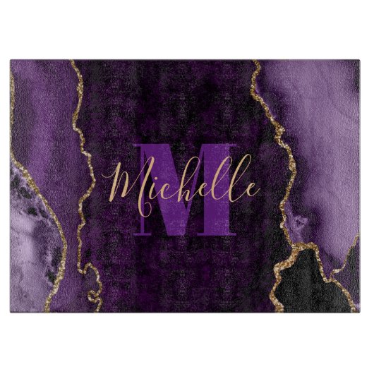 Planche À Découper Marbre Agate Monogramme Paillettes Violet et Or (Devant)