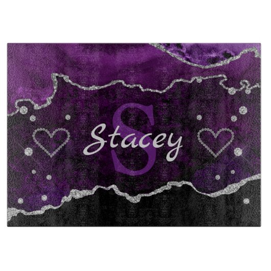 Planche À Découper Marbre Agate Monogramme Violet et Faux Paillettes  (Devant)