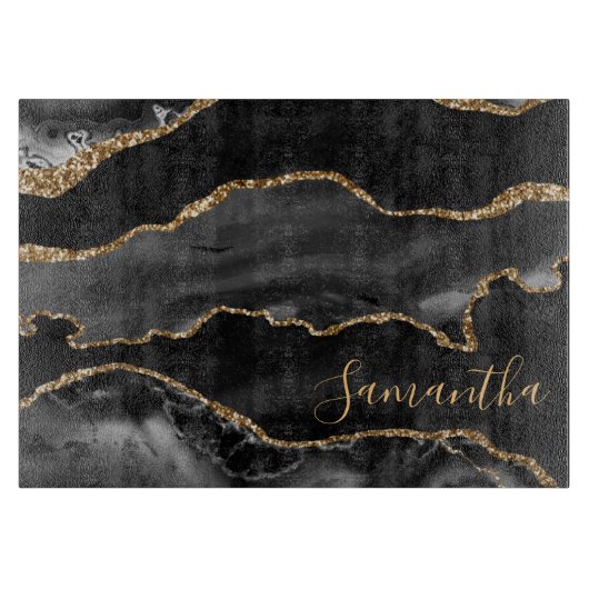 Planche À Découper Marbre Agate Noir et Paillettes de Faux Or (Devant)