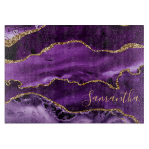 Planche À Découper Marbre agate pailleté violet et or faux