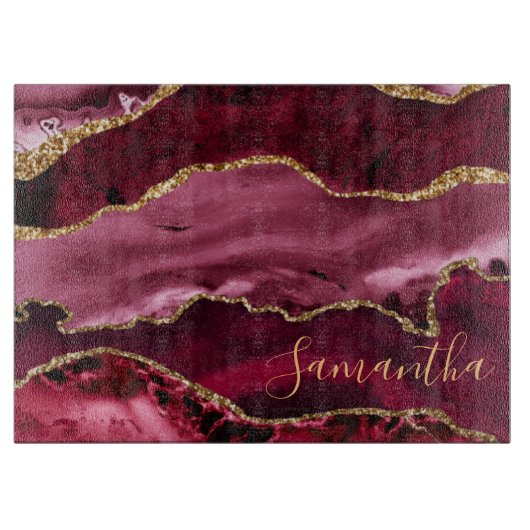 Planche À Découper Marbre agate paillettes rouge et or faux (Devant)