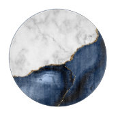 Planche À Découper Marbre Blanc Agate Bleu Marine Doré Rond (Devant)