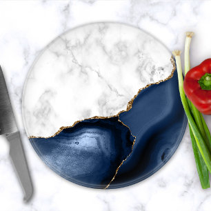 Planche À Découper Marbre Blanc Agate Bleu Marine Doré Rond