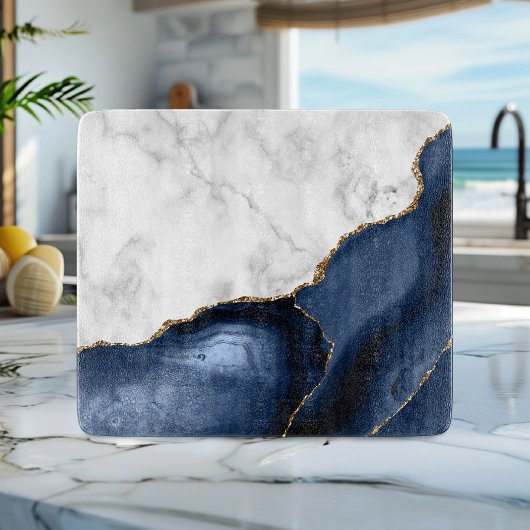 Planche À Découper Marbre blanc Agate Navy Blue dorée